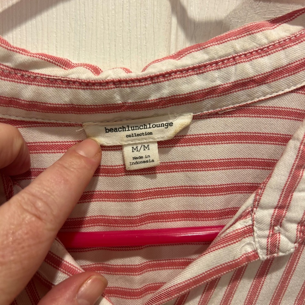 Beachlunchlounge Red White Striped Button Down Short Sleeve Shirt Women Medium - Picture 3 of 6